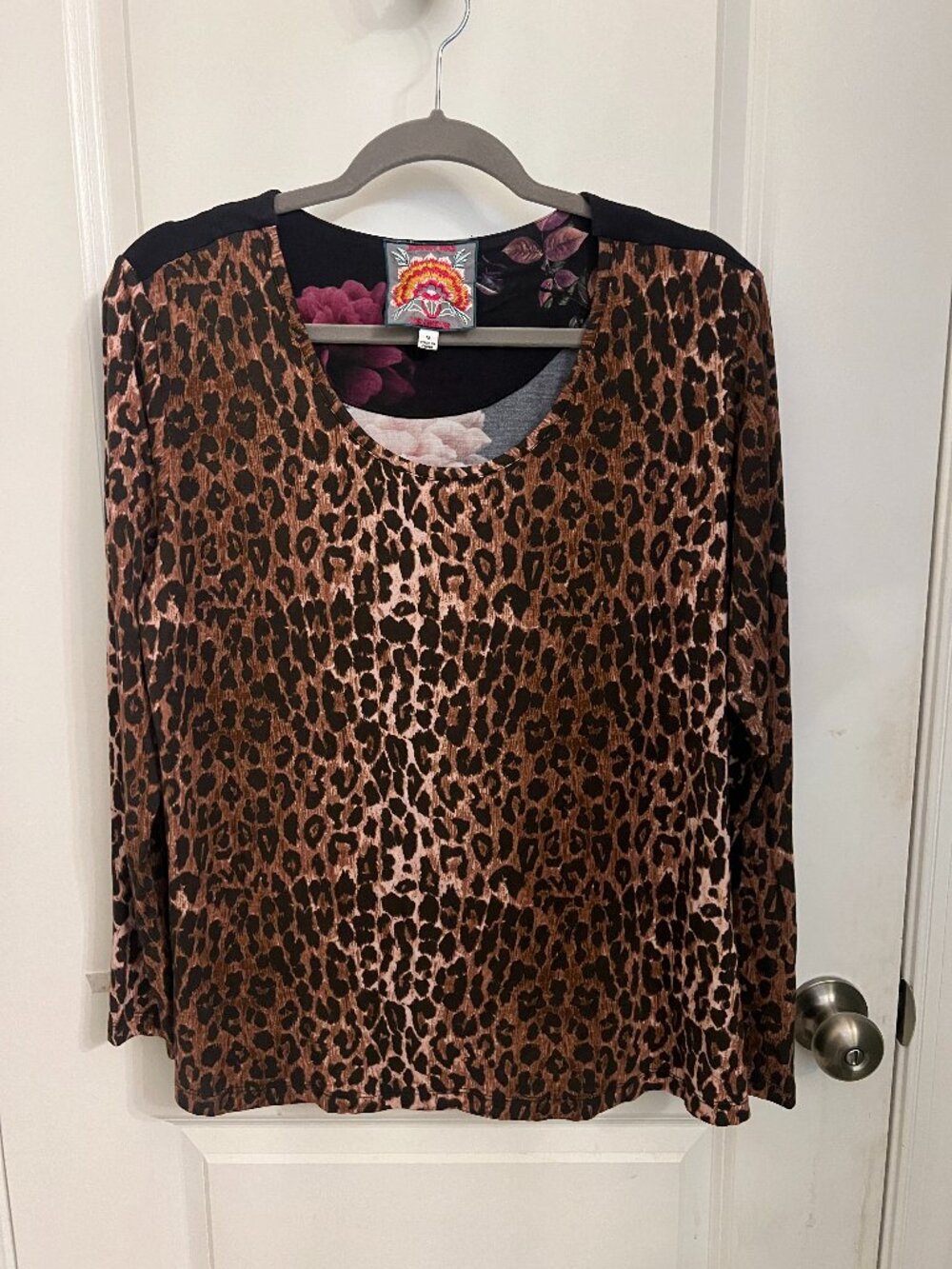 Johnny Was Mixed Media Leopard & Floral Knit Long Sleeve Top M Boho Whimsigoth